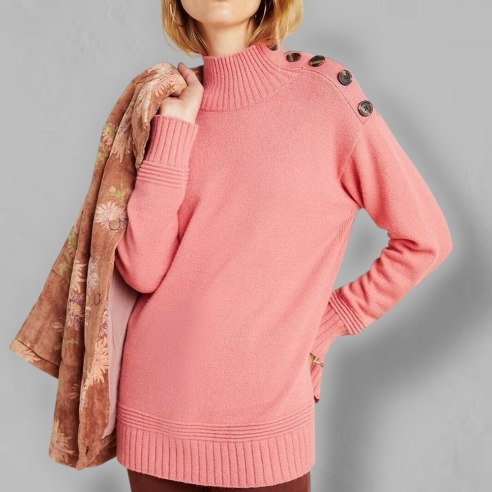 By Anthropologie ‘Margarita’ Button-Up Shoulder Tunic Sweater in Pink Sz XS